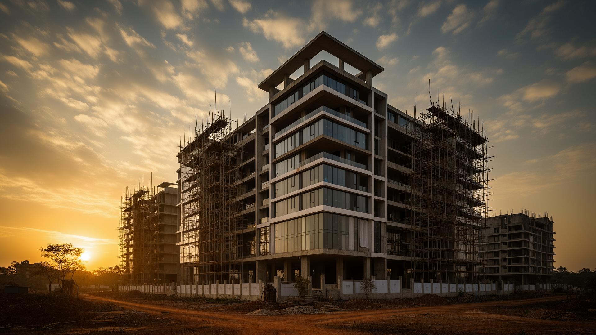 Modern building under construction at golden hour